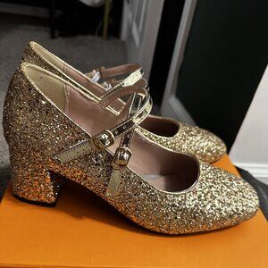 US Size 11-12 EU 45 Gold glitter Mary Jane Block Heels